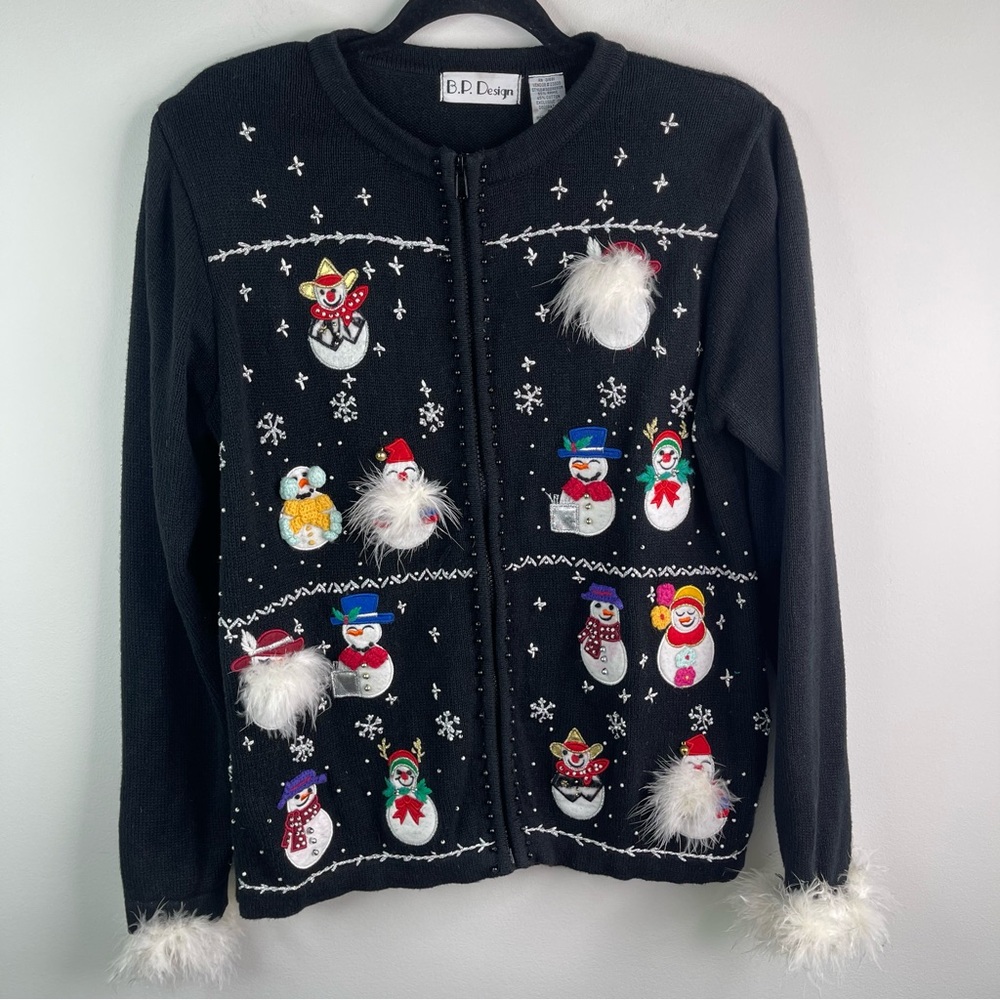 Vintage B.P. Design Ugly Christmas Black Festive Cardigan With Feathers Size S